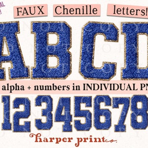 May include: Blue chenille letters and numbers with gold glitter trim. The letters are A, B, C, and D. The numbers are 0, 1, 2, 3, 4, 5, 6, 7, 8, and 9. The text "FAUX Chenille letters!" and "full alpha + numbers in INDIVIDUAL PNGS!" is also included in the image.
