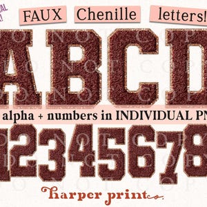 May include: A digital graphic set featuring faux chenille letters and numbers in a deep maroon color with a glittery gold border. The text reads FAUX Chenille letters! full alpha + numbers in INDIVIDUAL PNGS! and harper print co.