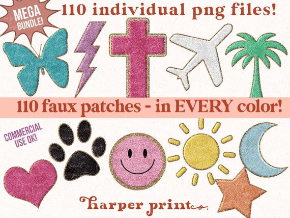 Sublimation Designs Faux Chenille Patch PNG BUNDLE Smiley Clipart Paw Print PNG Lightning Bolt Heart png Cross Star Digital Download