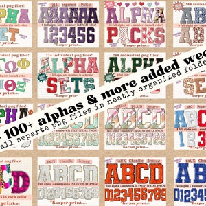 May include: A collage of colourful alphabet and number graphics, with the text "over 100+ alphas & more added weekly! all separate png files in neatly organised folders" superimposed on the image.