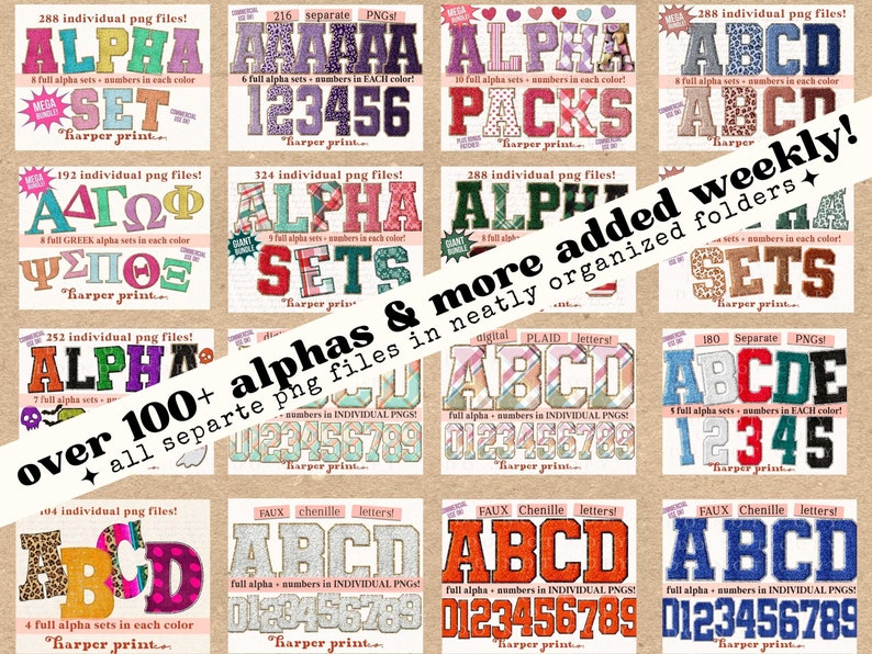 May include: A collage of colorful alphabet and number graphics, with the text "over 100+ alphas & more added weekly! all separate png files in neatly organized folders" superimposed on the image.