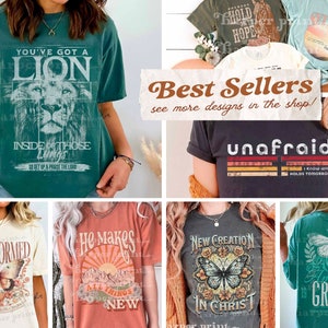 May include: A collection of t-shirts with various Christian-themed designs. The designs include a lion, a butterfly, a sunset, and a cross. The text on the shirts includes "You've got a lion", "Transformed", "He makes all things new", "New creation in Christ", and "Amazing Grace".