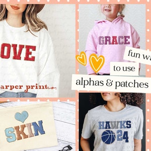May include: A collage of images showing different ways to use patches and letters on clothing and bags. The images show a white sweatshirt with the word "LOVE" in red letters, a pink hoodie with the word "GRACE" in colorful letters, a canvas tote bag with the word "SKIN" in colorful letters, and a gray t-shirt with the words "HAWKS 24" in colorful letters and a basketball graphic.