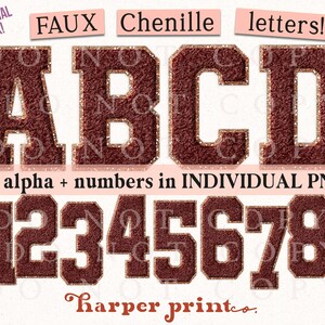 May include: Faux chenille letters and numbers in a maroon color with gold glitter trim. The image includes the letters A, B, C, and D, and the numbers 0 through 9. The text "full alpha + numbers in INDIVIDUAL PNGS!" is also included.