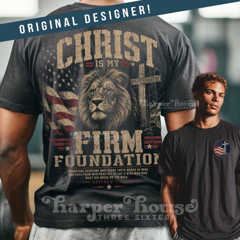 May include: Black t-shirt with a distressed design featuring a lion, American flag, and cross. Text includes "CHRIST IS MY FIRM FOUNDATION" and a Bible verse. A second black t-shirt with a cross and flag emblem is also visible.
