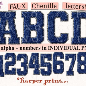 Alfabeto de chenilla sintética azul marino PNG, letras universitarias, descargas de diseños de sublimación, paquete PNG, fuente atlética, no SVG, fuente deportiva