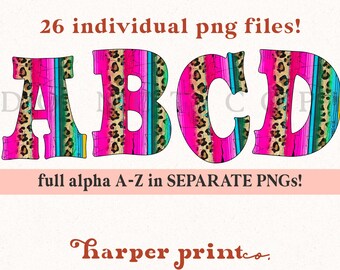 Serape Alphabet Letters, Western PNG, Leopard, Alpha, Sublimation Designs Downloads, Digital Font, No Svg, Cowboy PNG, Clipart for Printing