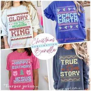 Disegni di magliette natalizie cristiane PNG Bundle Brutto maglione PNG Storia vera Gesù Clipart Buon compleanno Gesù Camicie natalizie Trasferimenti DTF