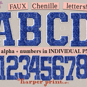 Königsblau und weißes Faux-Chenille-Alphabet PNG Varsity-Buchstaben, Sublimationsdesigns-Downloads, PNG-Bundle, Nicht SVG, Sportschrift, Aufnäher