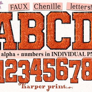 Può includere: Un set grafico digitale con lettere A, B, C, D e numeri da 0 a 9 in finta ciniglia arancione con bordi neri. Il testo recita FAUX Chenille letters! full alpha + numbers in INDIVIDUAL PNGS! e Harper print co.
