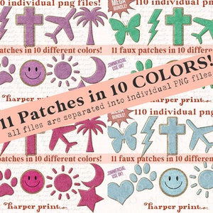 May include: A set of 11 faux patches in 10 different colors. The patches are in the shape of a butterfly, lightning bolt, cross, airplane, palm tree, paw print, smiley face, sun, crescent moon, heart, and star. The patches are all separated into individual PNG files. The text "11 Patches in 10 COLORS!" is written in a pink banner across the image.