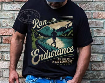 Mens Christian PNG Run With Endurance PNG Vintage Jesus Shirt Designs Retro DTF Transfers Shirt Png Popular Mens Tshirt Designs for Runners