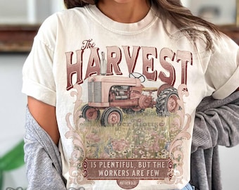 Fall PNG Tractor Sublimation Designs The Harvest is Plentiful DTF Designs for Shirts Farming Png Designs Christian Shirts Bible Verse Png