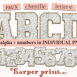 Letras de parche universitario de chenilla sintética blanca y dorada, alfabeto PNG, descargas de diseños de sublimación, paquete de fuentes del alfabeto imprimible