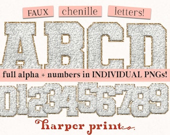 White & Gold Faux Chenille Varsity Patch Letters, Alphabet PNG, Sublimation Designs Downloads, Printable Alphabet Alpha Pack Font Bundle