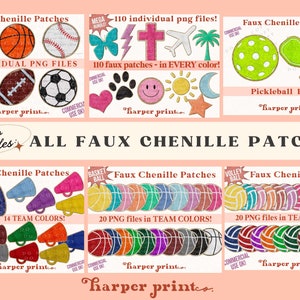 May include: A digital download of 110 faux chenille patches in various colors and designs, including sports, animals, and symbols. The patches are perfect for adding a unique touch to crafts, clothing, and accessories. The download includes 6 individual PNG files, 14 team colors, and 20 PNG files in team colors.