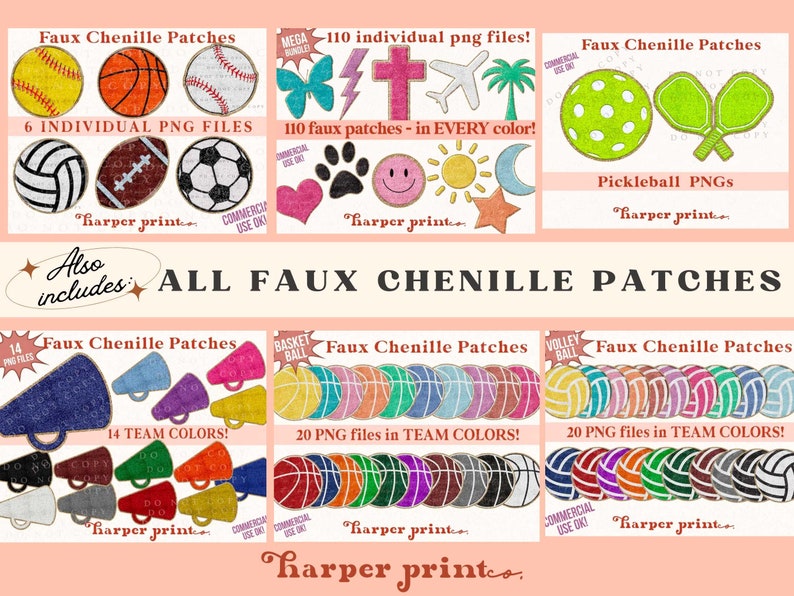 May include: A digital download of 110 faux chenille patches in various colors and designs, including sports, animals, and symbols. The patches are perfect for adding a unique touch to crafts, clothing, and accessories. The download includes 6 individual PNG files, 14 team colors, and 20 PNG files in team colors.