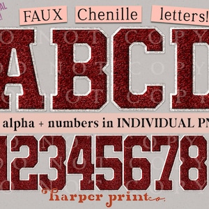 May include: A digital graphic featuring faux chenille letters and numbers in a collegiate style. The letters A, B, C, and D are displayed above the numbers 0 through 9. The letters and numbers are a deep red with a silver outline. Text includes "FAUX Chenille letters!" and "full alpha + numbers in INDIVIDUAL PNGS!"