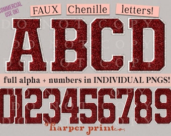Crimson Red and White Faux Chenille Varsity Patch Letters Alphabet PNG Sublimation Designs Downloads Printable Alpha Pack Font Bundle No SVG