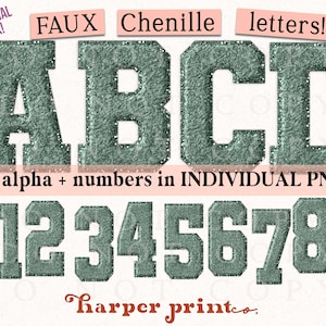 May include: A set of faux chenille letters and numbers in a green color. The letters are A, B, C, and D. The numbers are 0, 1, 2, 3, 4, 5, 6, 7, 8, and 9. The letters and numbers are in a bold, blocky font. The text "COMMERCIAL USE OK!" is in a red box in the upper left corner. The text "FAUX Chenille letters!" is in a pink box in the upper middle of the image. The text "full alpha + numbers in INDIVIDUAL PNGS!" is in a pink box in the middle of the image. The text "harper printeo." is in a red box in the lower right corner.