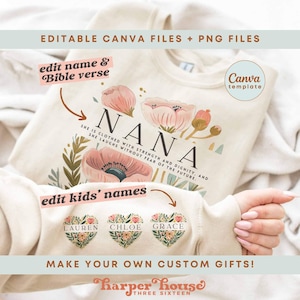 Könnte beinhalten: Eine anpassbare Canva-Vorlage für einen Pullover mit einem floralen Design mit dem Wort "NANA" und dem Zitat "Sie ist mit Stärke und Würde bekleidet, und sie lacht ohne Angst vor der Zukunft." Die Vorlage enthält auch drei herzförmige Bereiche, um Namen hinzuzufügen.