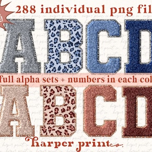 May include: A set of 288 individual PNG files featuring the letters A, B, C, and D in four different colours and patterns: light blue with a leopard print, dark blue with a glitter finish, light pink with a leopard print, and dark red with a glitter finish. The text "MEGA BUNDLE!" and "COMMERCIAL USE OK!" are also visible in the image. The text "8 full alpha sets + numbers in each colour" and "harper printco." are also visible in the image.