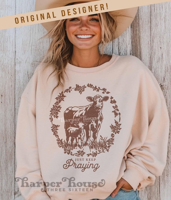 Cow PNG Just Keep Praying Sublimation Designs Christian PNG Vintage Farm DTF Transfers Farming Svg Trendy Farmer Shirt Png Designs Mama Png