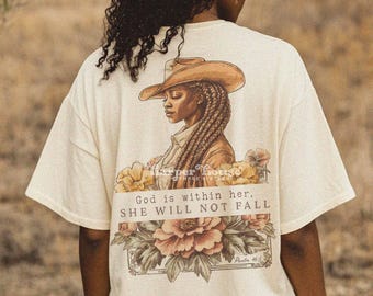 神は彼女の中にいる PNG 黒人女性昇華デザイン ボヘミアン ウエスタン 美学 カントリー カウガール T シャツ デザイン クリスチャン DTF デザイン トレンディ PNG