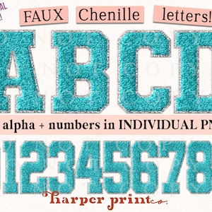 May include: A set of turquoise blue chenille letters and numbers with a silver glitter outline. The letters are A, B, C, and D. The numbers are 0, 1, 2, 3, 4, 5, 6, 7, 8, and 9. The text "FAUX Chenille letters!" is at the top of the image. The text "full alpha + numbers in INDIVIDUAL PNGS!" is below the letters. The text "harper printeo." is at the bottom of the image.