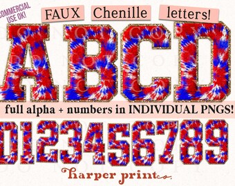 Red White and Blue Tie Dye PNG Faux Chenille Alphabet PNG Varsity Letters Sublimation Designs Downloads Patriotic Font 4th of July PNG Alpha