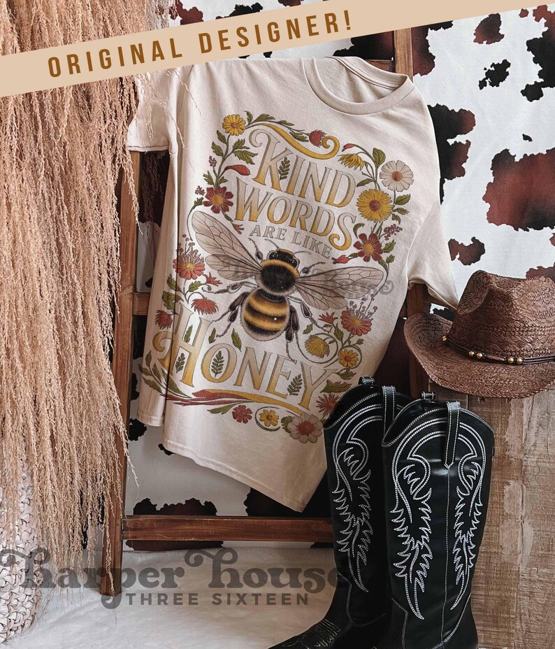 Peut inclure: Un t-shirt cr&egrave;me avec un motif floral et une abeille. Le texte dit "Kind Words are like Honey." Des bottes de cowboy noires et un chapeau marron sont &eacute;galement visibles. Le t-shirt est suspendu &agrave; une &eacute;chelle en bois.