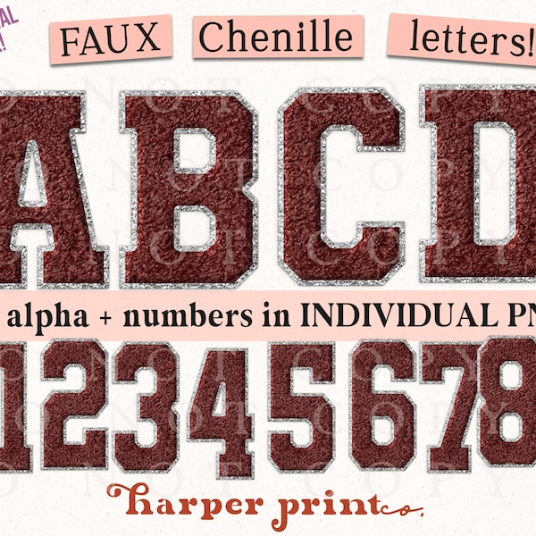 Maroon Burgundy and Silver Faux Chenille Alphabet PNG Varsity Letters, Sublimation Designs Downloads, PNG Bundle, Not SVG, Sports Font