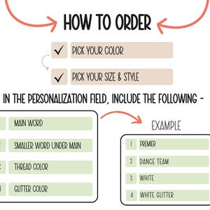 Puede incluir: Un diagrama que muestra c&oacute;mo pedir un art&iacute;culo personalizado. Incluye una lista de cuatro pasos: 1. Palabra principal, 2. Palabra m&aacute;s peque&ntilde;a debajo de la principal, 3. Color del hilo, 4. Color del brillo. Se proporciona un ejemplo: 1. Premier, 2. Equipo de baile, 3. Blanco, 4. Brillo blanco.
