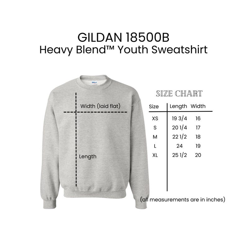 Puede incluir: Tabla de tallas para una sudadera para j&oacute;venes Gildan 18500B. La tabla muestra la longitud y el ancho en pulgadas para las tallas XS, S, M, L y XL.
