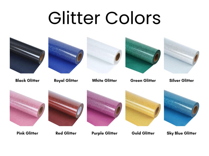 Puede incluir: Una variedad de colores de purpurina en rollos, incluyendo negro, azul real, blanco, verde, plateado, rosa, rojo, morado, dorado y azul cielo.