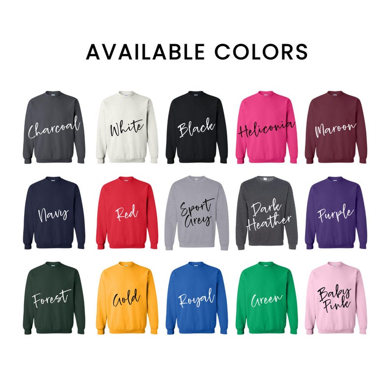 Puede incluir: Una tabla de 15 colores de sudadera diferentes, incluyendo carb&oacute;n, blanco, negro, heliconia, granate, azul marino, rojo, gris deportivo, gris oscuro, morado, verde bosque, dorado, azul real, verde y rosa beb&eacute;.