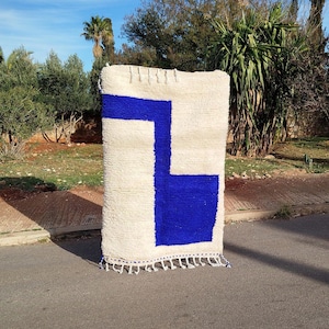 Handmade Moroccan Berber Rug: White and Blue Wool, Custom Rug