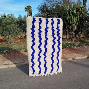 Handmade Moroccan Berber Rug: White & Blue Wool, Custom Rug