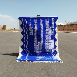 Hand-Knotted Wool Moroccan Rug: Blue Beni Ourain Style