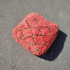 Red Moroccan Kilim Pouf - Square Floor Cushion, Vintage Wool Ottoman, Boho Meditation Pillow, Handmade Moroccan Decor