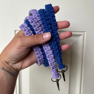 Teacher Lanyard with Badge Holder, Macrame 17&quot; Neck Keychain, Lilac Purple, Royal Blue