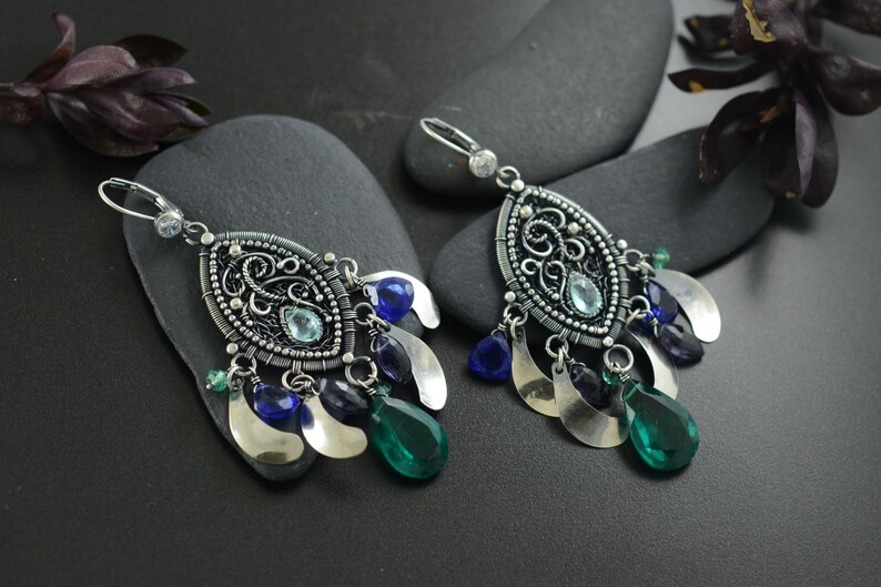 Gift for Wife Long Statement Earrings Handmade Unique Jewelry Silver Wire Wrapped Jewelry One of a kind Boho Cluster Earrings