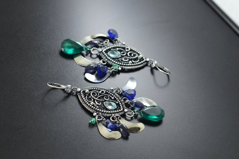 Gift for Wife Long Statement Earrings Handmade Unique Jewelry Silver Wire Wrapped Jewelry One of a kind Boho Cluster Earrings