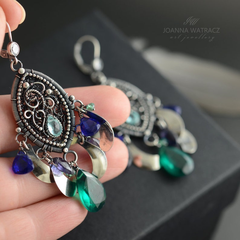 Gift for Wife Long Statement Earrings Handmade Unique Jewelry Silver Wire Wrapped Jewelry One of a kind Boho Cluster Earrings