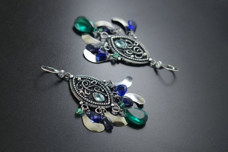 Gift for Wife Long Statement Earrings Handmade Unique Jewelry Silver Wire Wrapped Jewelry One of a kind Boho Cluster Earrings