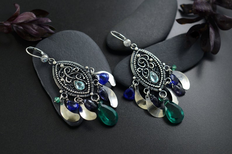 Gift for Wife Long Statement Earrings Handmade Unique Jewelry Silver Wire Wrapped Jewelry One of a kind Boho Cluster Earrings