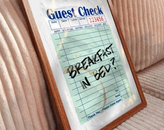 Breakfast in Bed? Guest Check Poster, Handwritten Aesthetic Print Poster, Motivational Wall Art, Retro Kitchen Decor