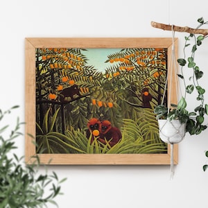 May include: A framed painting of a jungle scene with two red monkeys and a variety of green foliage. The monkeys are holding a yellow fruit. The painting is set against a white background.