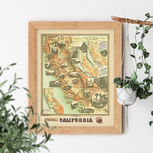 May include: A vintage map of California with detailed illustrations of different regions, including the Sierra Nevada mountains, Yosemite National Park, and the San Francisco Bay Area. The map is printed in shades of brown, green, and yellow, and includes text labels for various geographic features and cities.