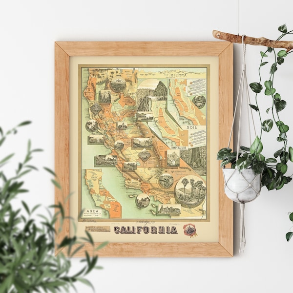 Ilustración vintage del mapa único de California de Johnstone E. McD. 1888. Obra de arte de reproducción de galería famosa de la mejor calidad, 8 x 10